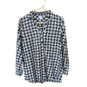 J.Crew Blouse Top Gingham Black and White Checkered XS Partial Button Shirt